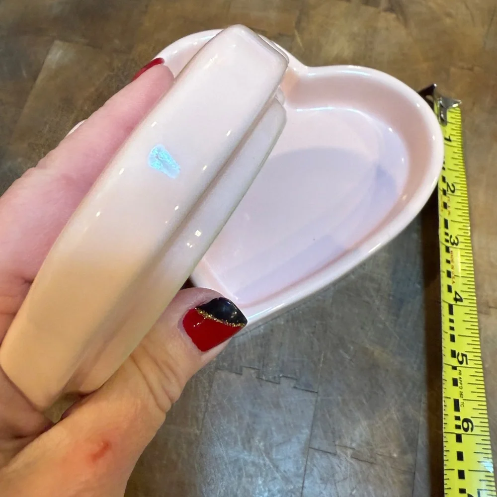 Rae Dunn Pink Heart Shaped Trinket Box “Love is Sweet” jewelry Dish with Lid